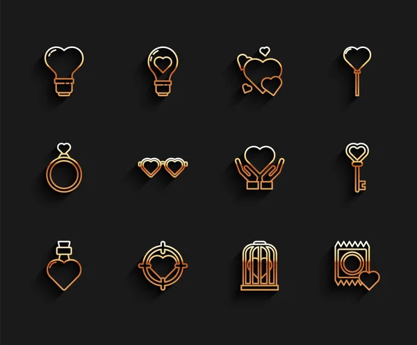Set line Bottle with love potion, Heart in the center of darts target aim, shape light bulb, bird cage, Condom package, shaped glasses, Key heart and hand icon. Vector — 스톡 벡터