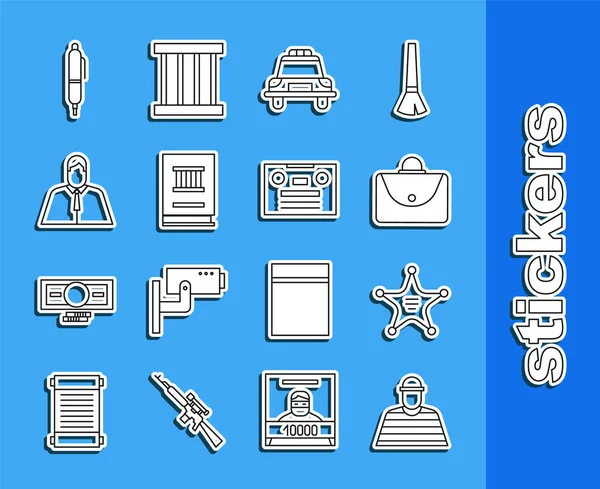 Set line Prisoner, Hexagram sheriff, Briefcase, Police car and flasher, Law book, Lawyer, attorney, jurist, Pen and Retro audio cassette tape icon. Vector — Stock vektor