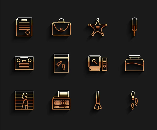 Set line Suspect criminal, Retro typewriter, The arrest warrant, Paint brush, Footsteps, Evidence bag and bullet, Inkwell and Search on computer screen icon. Vector — Stockvektor