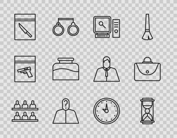 Set line Jurors, Reloj de arena antiguo, Búsqueda en la pantalla del ordenador, signo de interrogación anónimo, cuchillo bolsa de pruebas, Inkwell, Reloj y el icono del maletín. Vector — Archivo Imágenes Vectoriales