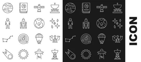 Set line Satellite dish, Solar system, Planet, Space shuttle and rockets, Alien, Mars and Earth globe icon. Vector — Stockový vektor