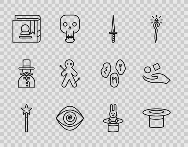 Set line Magic wand, Magician hat, Dagger, Hypnosis, Ancient magic book, Voodoo doll, rabbit and Cube levitating above hand icon. Vector — Vetor de Stock