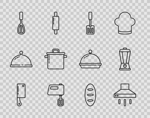 Set line Meat chopper, Kitchen extractor fan, Spatula, Electric mixer, whisk, Cooking pot, Bread loaf and Blender icon. Vector — стоковый вектор