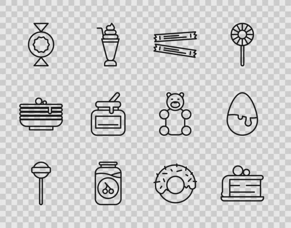 Set line Lollipop, Piece of cake, Sugar stick packets, Cherry jam jar, Candy, Jar honey, Donut and Chocolate egg icon. Vector — Stock vektor