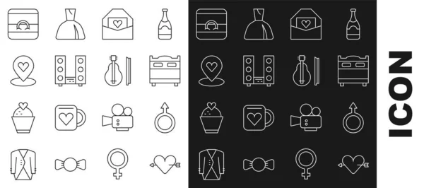 Set line Amour with heart and arrow, Male gender symbol, Bedroom, Envelope Valentine, Home stereo two speakers, Location, Wedding rings and Violin icon. Vector — Vetor de Stock