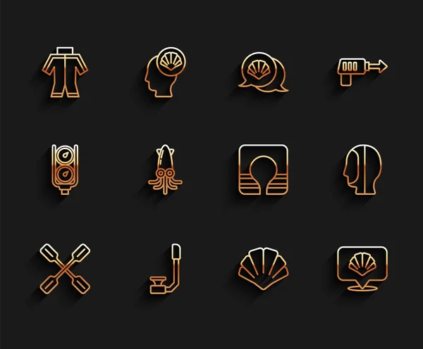 Set line Paddle, Snorkel, Wetsuit, Scallop sea shell, Octopus, Diving hood and Life jacket icon. Vector — Stockový vektor