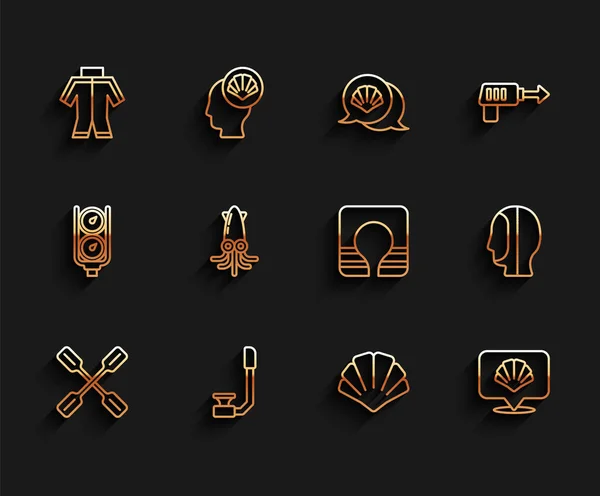 Set line Paddle, Snorkel, Traje de neopreno, Concha marina de vieira, Pulpo, Capucha y chaleco salvavidas icono. Vector — Archivo Imágenes Vectoriales