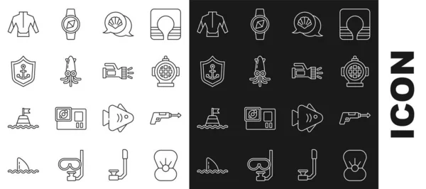 Set line Shell with pearl, Fishing harpoon, Aqualung, Scallop sea shell, Octopus, Anchor inside shield, Wetsuit and Flashlight icon. Vector — Image vectorielle