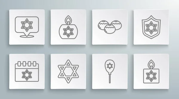 Set line Jewish calendar, Burning candle, Star of David, Balloon with star david, sweet bakery, Shield and icon. Vector — стоковый вектор