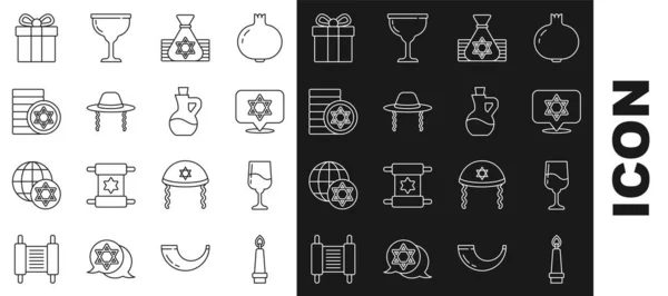 Set line Burning candle, Jewish goblet, Star of David, money bag, Orthodox jewish hat, coin, Gift box and Bottle olive oil icon. Vector — Image vectorielle