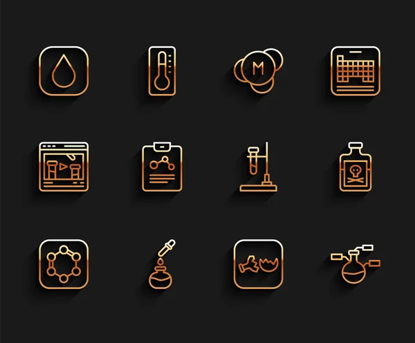 Set line Formula of benzene rings, Test tube and flask, Water drop, Broken, Chemistry report, Poison bottle and fire icon. Vector — Wektor stockowy