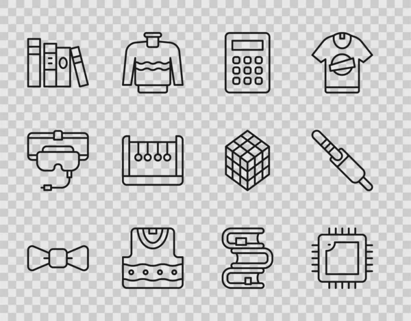 Set line Bow tie, Processor with CPU, Calculator, Waistcoat, Book, Pendulum, and Audio jack icon. Vector — стоковий вектор