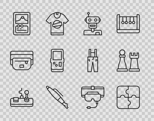 Set line Gamepad, Piece of puzzle, Robot, Fountain pen nib, Card game, Tetris, Virtual reality glasses and Chess icon. Vector - Stok Vektor