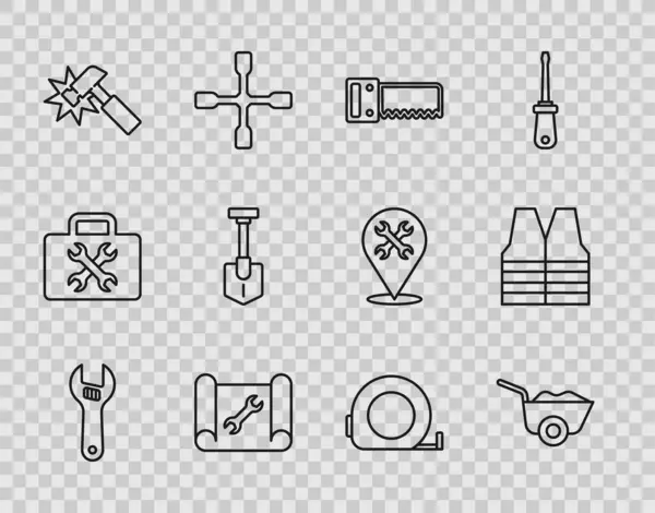 Set line Adjustable wrench, Wheelbarrow, Hand saw, Graphing paper, Hammer, Shovel, Roulette construction and Safety vest icon. Vector — Stockvector