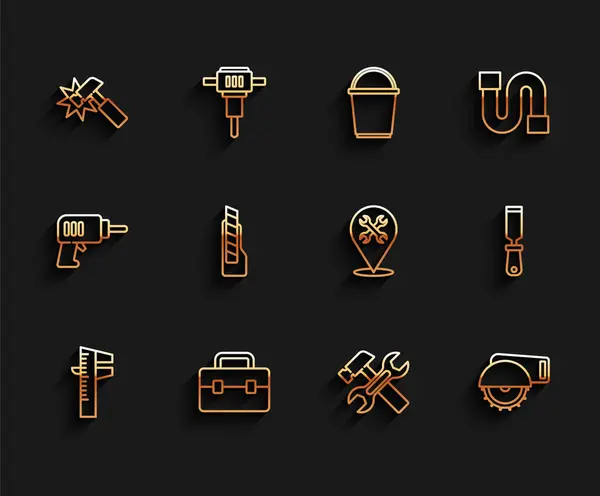 Set line Calliper or caliper and scale, Toolbox, Hammer, wrench, Electric circular saw, Stationery knife, Rasp metal file and Location with icon. Vector — Image vectorielle