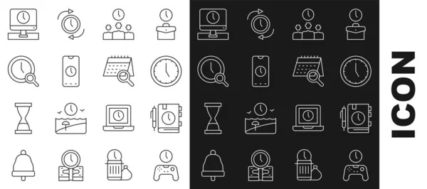 Set line Gamepad of time, Daily paper notepad, Clock, Time Management, Alarm clock app mobile, Magnifying glass with, Monitor and Calendar search icon. Vector — Archivo Imágenes Vectoriales
