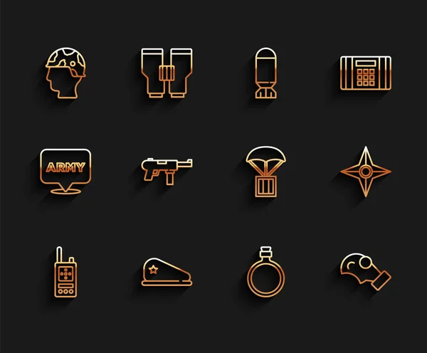 Set line Walkie talkie, Military beret, Army soldier, Canteen water bottle, Gas mask, Submachine gun M3, Japanese ninja shuriken and Airdrop box icon. Vector — стоковый вектор