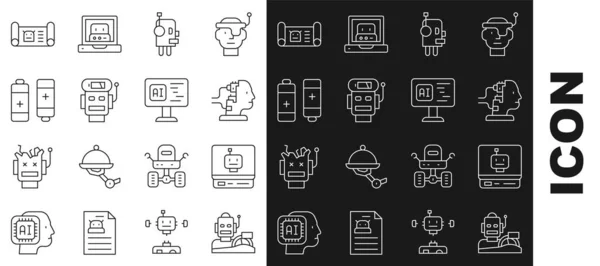 Set line Robot humanoid driving a car, for maintenance, low battery charge, Battery, blueprint and Software icon. Vector — Stok Vektör