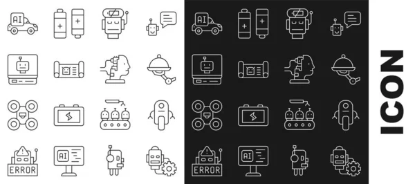 Set line Robot setting, Waiter robot, low battery charge, blueprint, Autonomous smart car and for maintenance icon. Vector — 图库矢量图片