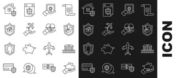 Set line Piggy bank in hand, House flood, Life insurance with shield, Safe, Plane, and icon. Vector — Image vectorielle