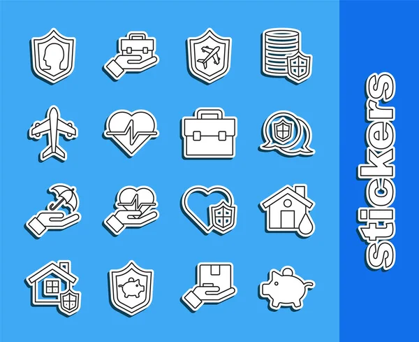 Set line Piggy bank, House flood, Location shield, Plane with, Life insurance, and Briefcase icon. Vector — 图库矢量图片
