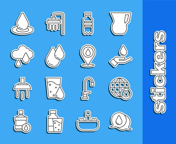 Set line Water drop, Earth planet in water, Washing hands with soap, Bottle of, Cloud rain, and location icon. Vector — Stock Vector