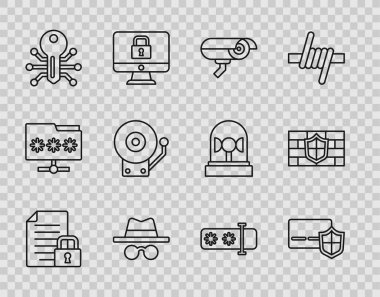 Set line Document and lock, Credit card with shield, Security camera, Incognito mode, Smart key, Ringing alarm bell, Password protection and Shield brick wall icon. Vector