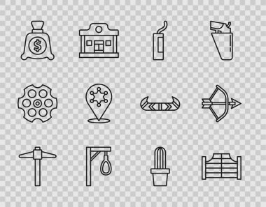 Set line Pickaxe, Saloon door, Dynamite bomb, Gallows, Money bag, Hexagram sheriff, Cactus peyote in pot and Bow and arrow quiver icon. Vector