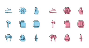 Set line Indian headdress with feathers, Camping lantern, Smoking pipe, Dagger, Canteen water bottle, Gun powder barrel, Tomahawk axe and Revolver cylinder icon. Vector