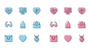 Set line Shopping bag, Heart, Necklace with heart shaped, Condom, Envelope Valentine, love glasses and Dating app online icon. Vector
