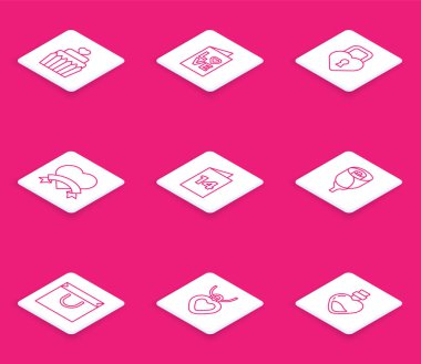 Set line Wedding cake with heart, Valentines day party flyer, Castle the shape of, Heart, Greeting card, Flower rose, Shopping bag and Necklace shaped icon. Vector