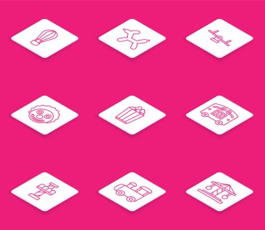 Set line Hot air balloon, Balloon dog, Seesaw, Clown head, Popcorn in box, Circus wagon, Attraction carousel and Toy train icon. Vector