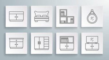 Set line Furniture nightstand, Big bed, Wardrobe, Library bookshelf, TV table, Shelf with, Mirror and Chest of drawers icon. Vector