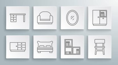Set line Chest of drawers, Armchair, Big bed, Shelf with books, Chair, Mirror, Wardrobe and Office desk icon. Vector