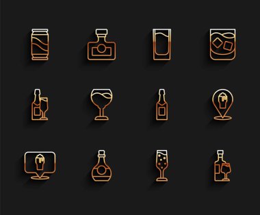 Set line Alcohol or beer bar location, Bottle of cognac brandy, Beer can, Glass champagne, Wine bottle with glass, and Champagne icon. Vector