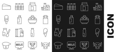 Set line Cow head, Ice cream in waffle cone, Can container for milk, Paper package, Whipped bottle, Cheese and Cottage cheese icon. Vector