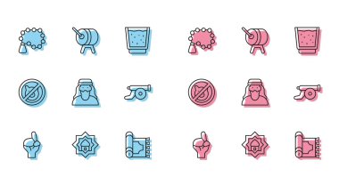 Set line Hands in praying position, Muslim Mosque, Rosary beads religion, Traditional carpet, man, Ramadan cannon, No pig and drum icon. Vector