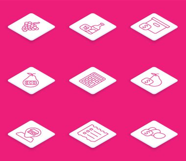 Set line Grape fruit, Wine bottle, Carton cardboard box with price, Healthy organic pear, Calculator, Price tag for, Location Market store and Shopping list icon. Vector