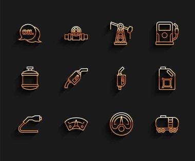 Set line Electrical cable plug charging, Motor gas gauge, Word oil, Oil railway cistern, Gasoline pump nozzle, Canister for motor and icon. Vector