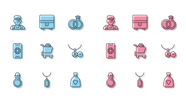 Set line Diamond engagement ring, Pendant necklace, Jeweler man, Bag with gems, Jewelry online shopping, Locket, and box icon. Vector