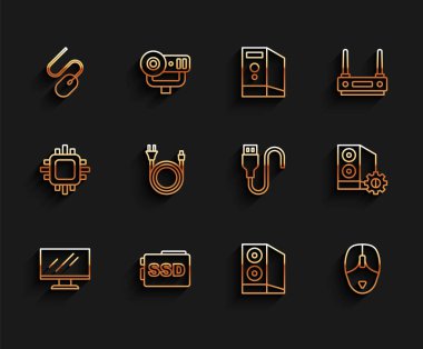 Set line Computer monitor screen, SSD card, mouse, Case of computer, Electric plug, and USB cable cord icon. Vector