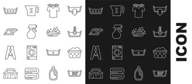 Set line Temperature wash, Basin with soap suds, Drying clothes, Water spray bottle, Electric iron, and Towel stack icon. Vector