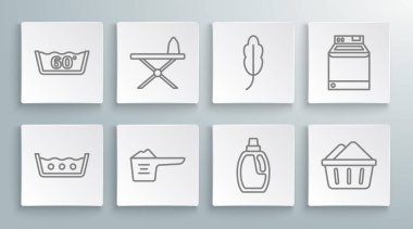 Set line Temperature wash, Iron and ironing board, Washing powder, Bottle for cleaning agent, Basin with soap suds, Feather, Washer and icon. Vector