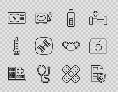 Set line Hospital building, Patient record, Digital thermometer, Stethoscope, Monitor with cardiogram, DNA symbol, Crossed bandage plaster and icon. Vector