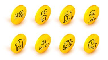 Set line Time is money, Clock, Car rental, House with dollar, Location house, Online real estate, and Rent icon. Vector