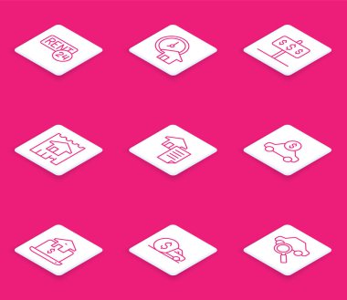 Set line Rent, Time is money, House with dollar, contract, Car rental, Online real estate and icon. Vector