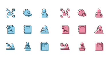 Set line Breaking news, Television report, News, Notebook, Journalistic investigation and World icon. Vector