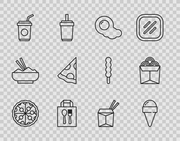 Set line Pizza, Ice cream in waffle cone, Scrambled eggs, Online ordering and delivery, Paper glass with straw, Slice of pizza, Asian noodles chopsticks and Noodles box icon. Vector — Stok Vektör