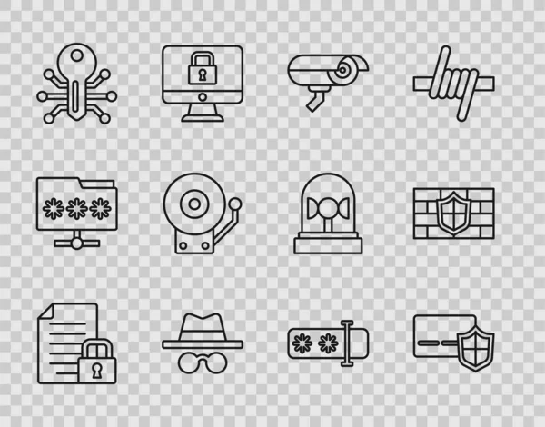 Set line Document and lock, Credit card with shield, Security camera, Incognito mode, Smart key, Ringing alarm bell, Password protection and Shield brick wall icon. Vector — 图库矢量图片