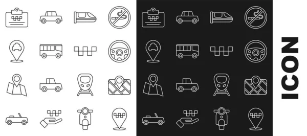 Set line Location with taxi, Gps device map, Steering wheel, High-speed train, Bus, Taxi driver license and car roof icon. Vector — Wektor stockowy